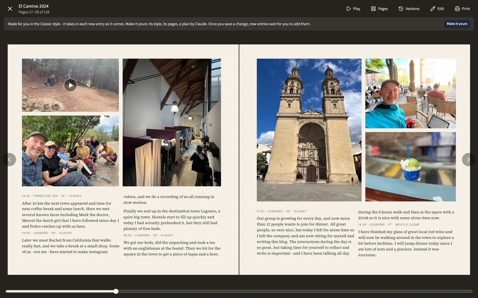 The story as a photo book: a spread of photos and words from the walk, laid out by day.