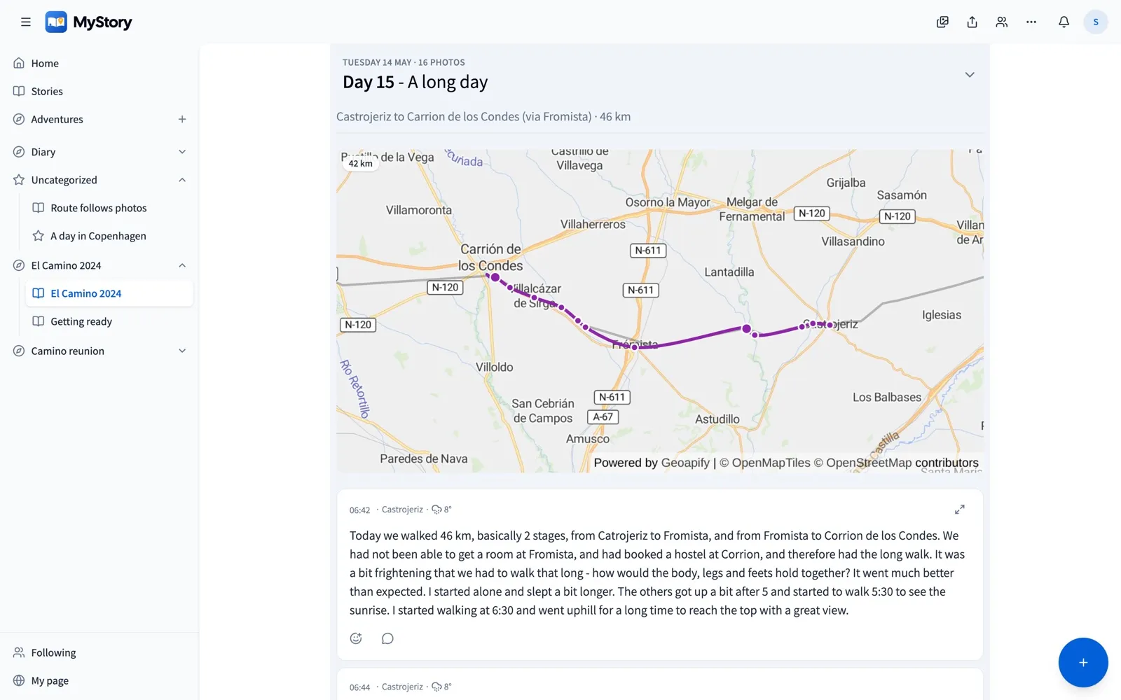 One day of the walk: its map with the route walked, the distance and the day's photos and words.