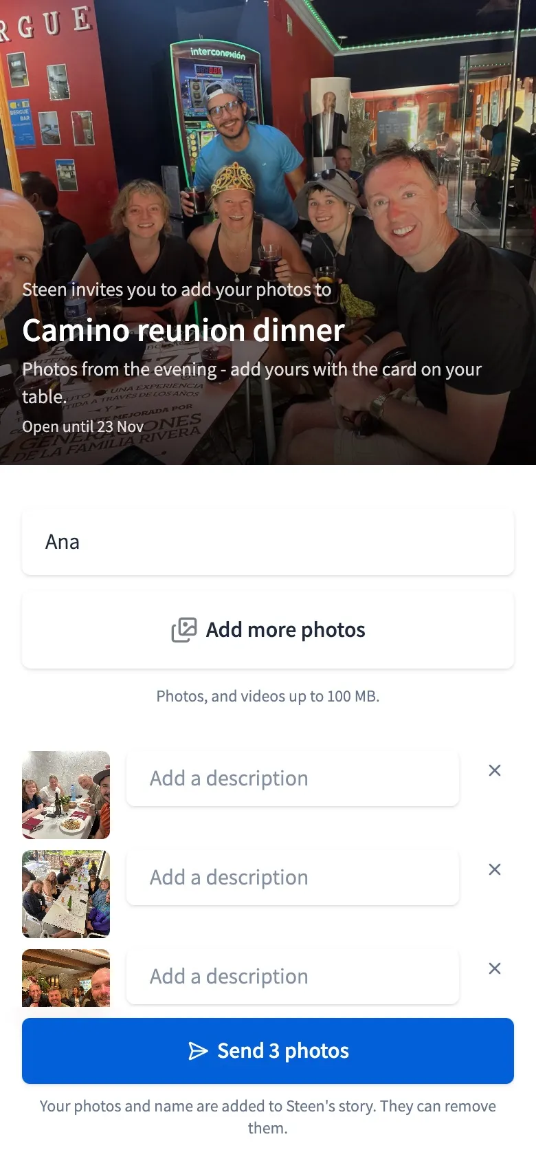 The guest page on a phone: the guest gives their name and picks photos to send, no account needed.