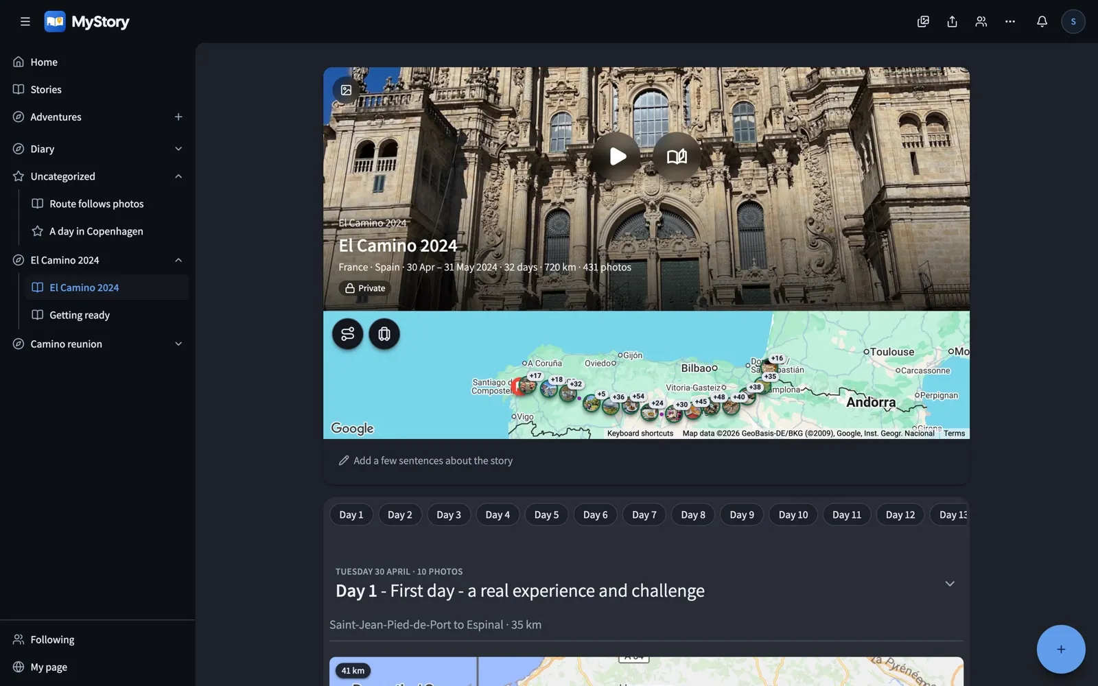 A 32-day walk to Santiago de Compostela as a story in MyStory: its cover photo, the route on a map and the days.