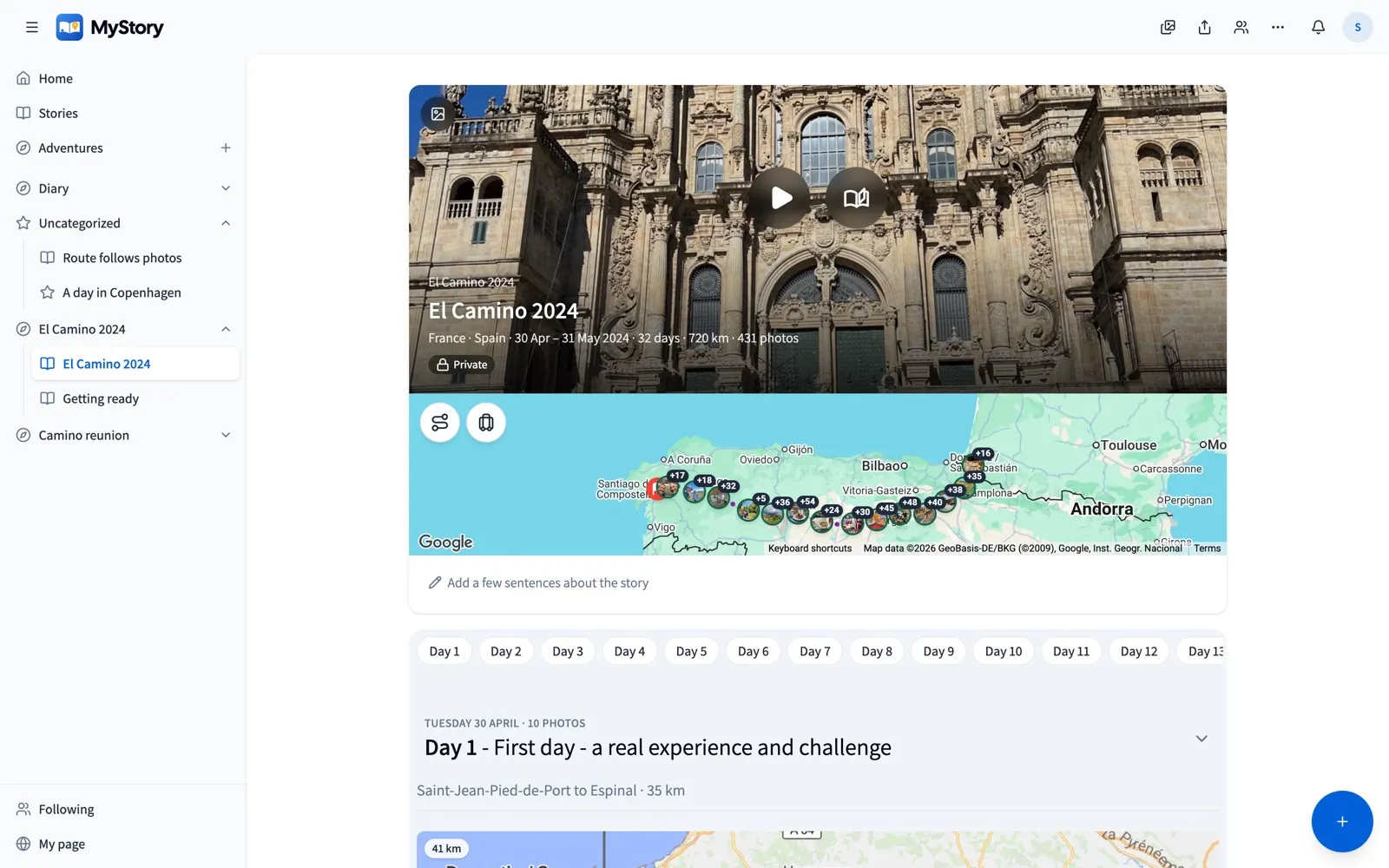 A 32-day walk to Santiago de Compostela as a story in MyStory: its cover photo, the route on a map and the days.